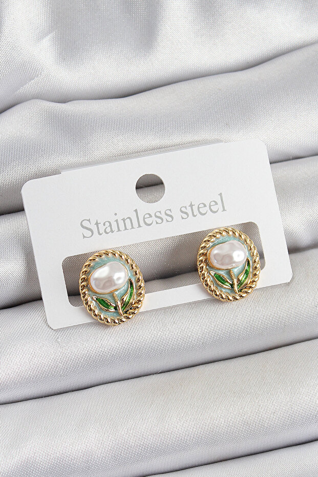 Brass Green Enamel Tulip Figured Artistic Portrait Model Gold Color Women's Earrings -