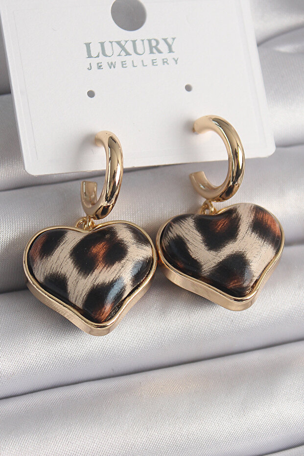 Brass Gold Color 3D Heart Leopard Model Women's Earrings -