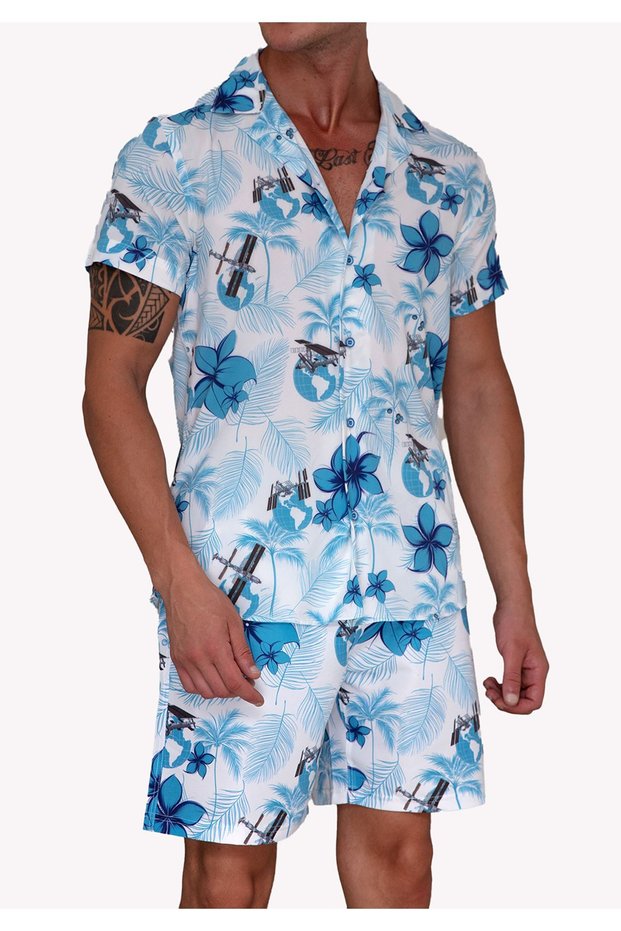White Blue Leaf Print Relaxed Fit Short Sleeve Loose Lapel Collar Summer Shirt Shorts Set