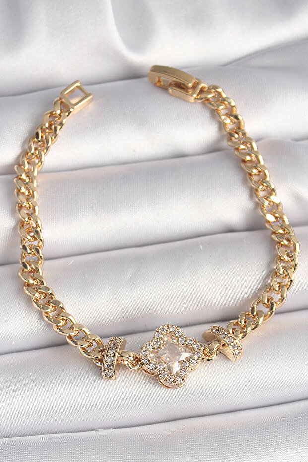 Brass Gold Color Zircon Stone Clover Figure Chain Model Women's Bracelet -
