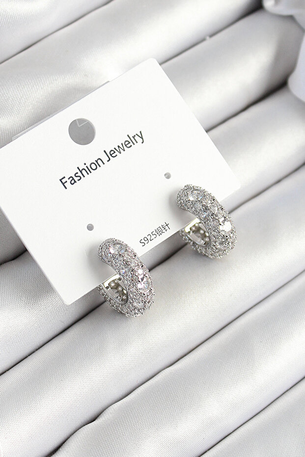 Brass Zircon Stone Hoop Model Silver Color Women's Earrings -