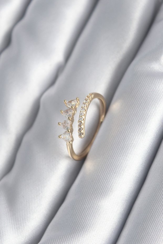 Brass Gold Color Heart Zircon Stone Detail Women's Ring -