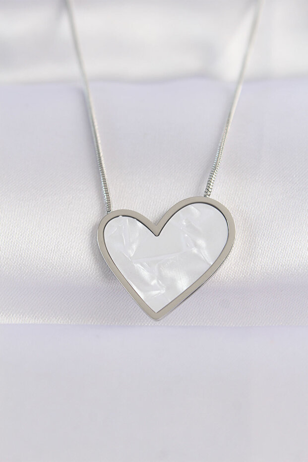 316L Steel Chain Silver Color Marble Pattern Heart Necklace -