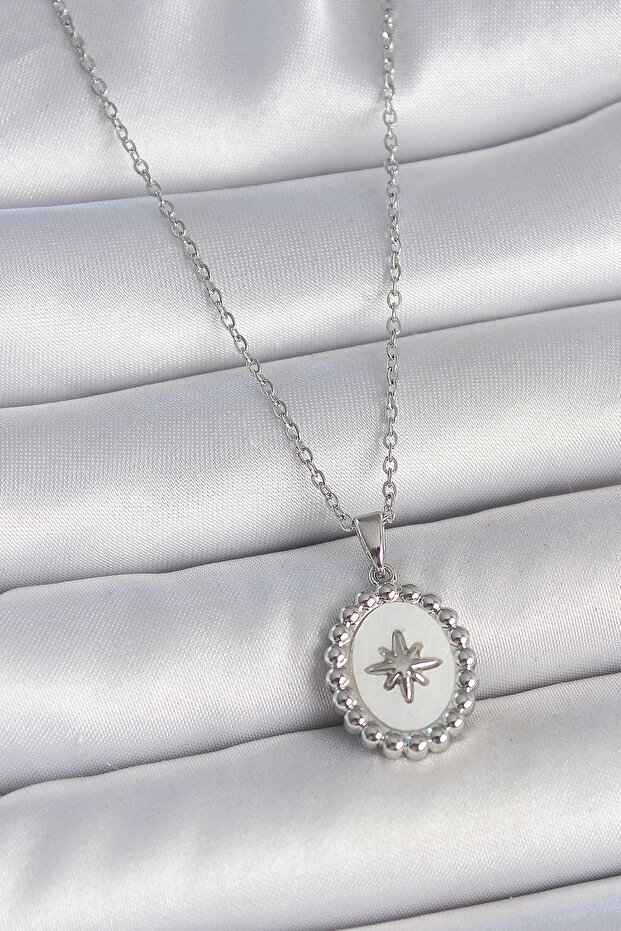 316L Steel Silver Color Chain White Enamel Polar Star Embroidered Medallion Model Women's Necklace -