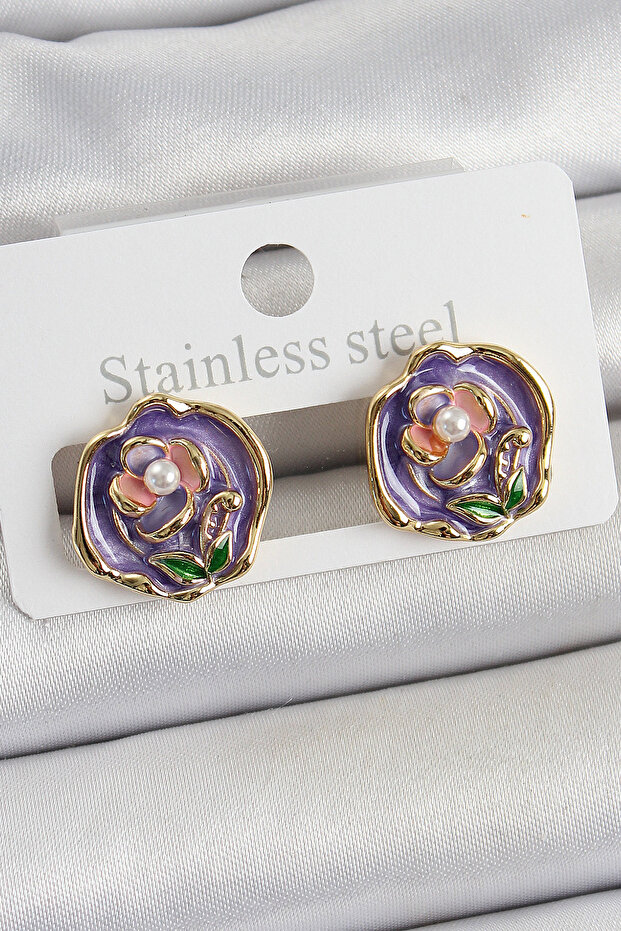 Brass Purple Enamel Flower Figured Artistic Portrait Model Gold Color Women's Earrings -