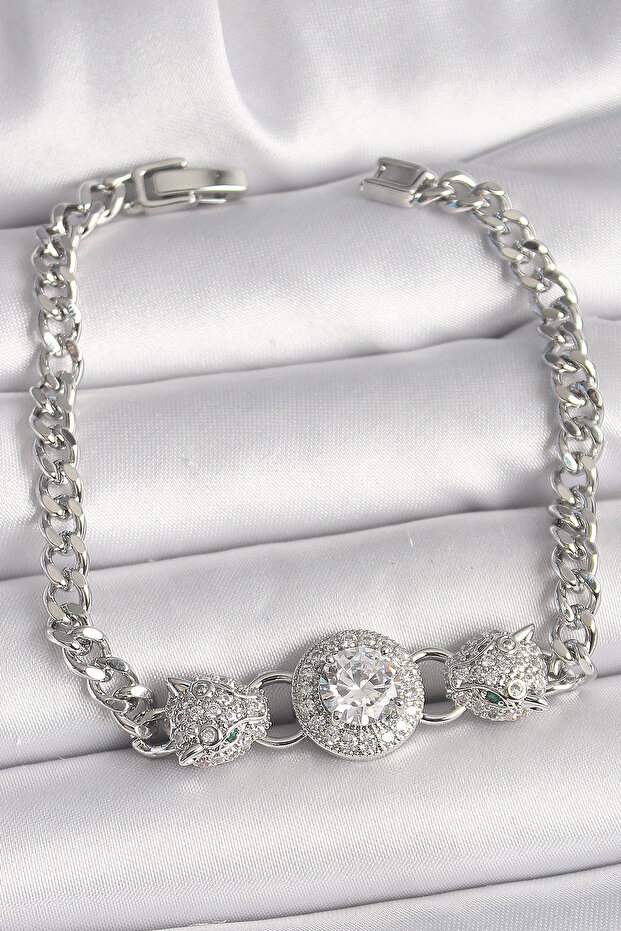 Brass Silver Color Zircon Stone Leopard Figure Chain Model Women's Bracelet -