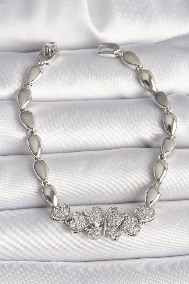 Brass Silver Color Zircon Stone Butterfly Figure Drop Chain Model Women's Bracelet -