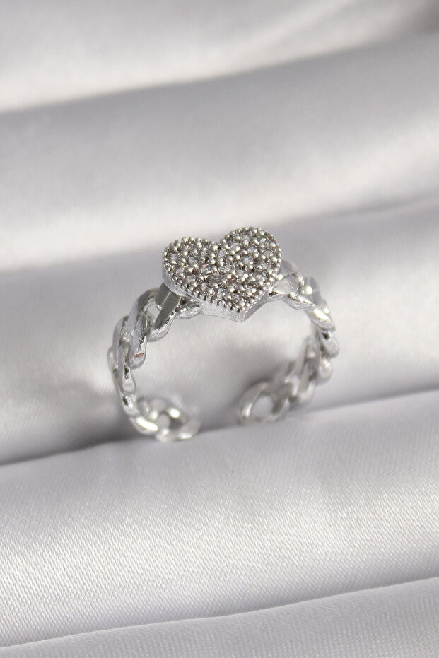 Brass Silver Color Zircon Stone Heart Model Women's Ring -