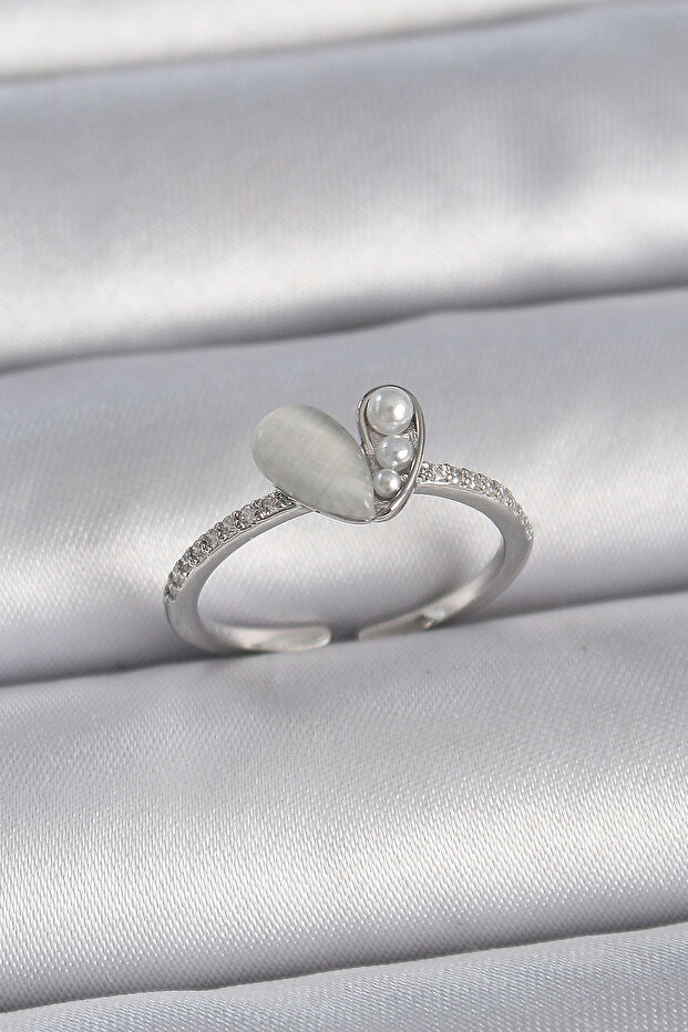 Brass Silver Color Adjustable Zircon Stone Pearl White Enamel Heart Model Women's Ring -