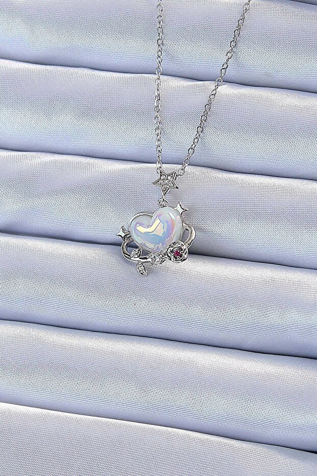 316L Steel Chain Silver Color Zircon Stone Planet Appearance Heart Necklace -