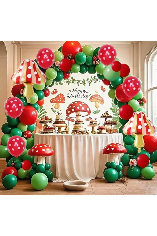 Party Special Design Birthday Concept with Mushrooms and Spotted Bolon