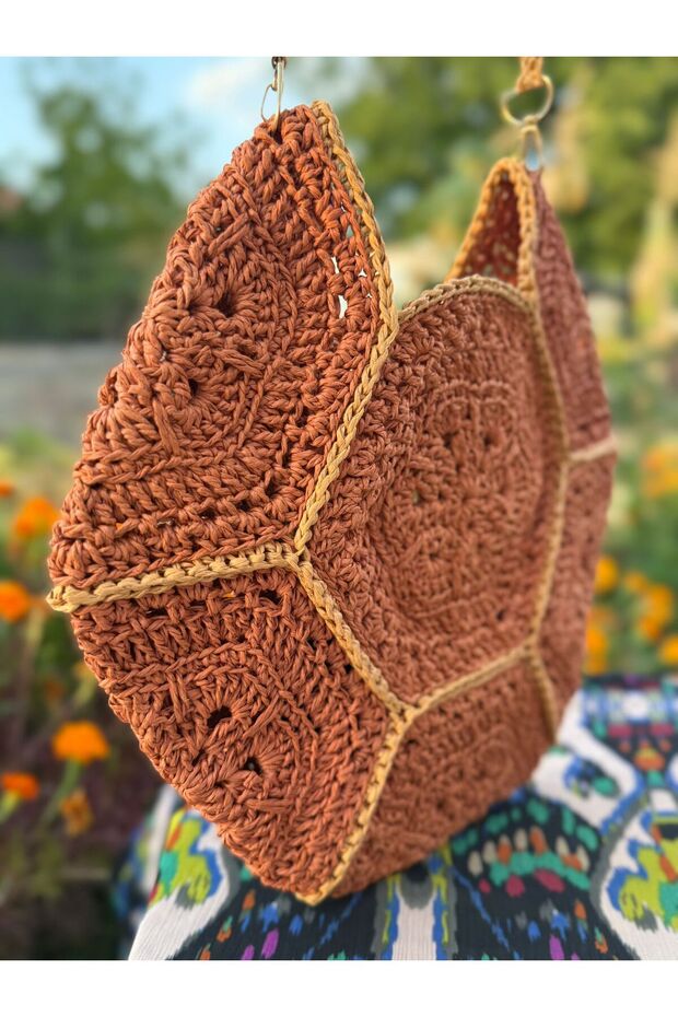 El Yapımı Kağıt İp Yuvarlak Çanta –Astarsız Bohem Omuz ve Günlük Kullanım Çantası - 3