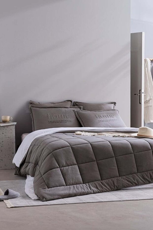 Yeni Sezon Bobigny Çift Kişilik Pamuklu SuperSoft Comforter Set - Antrasit - ANTRASİT - 1