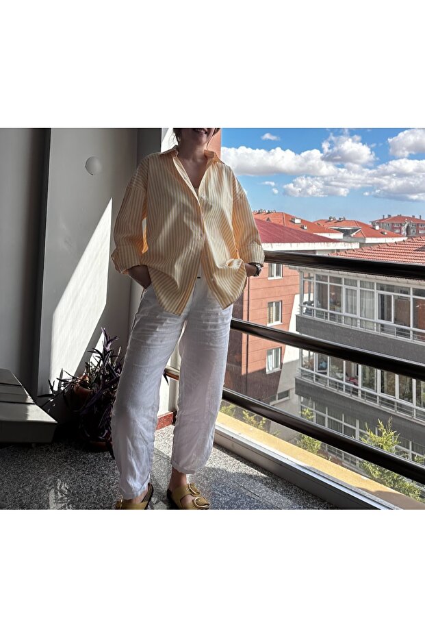 Sarı Çizgili Oversize Gömlek - 2