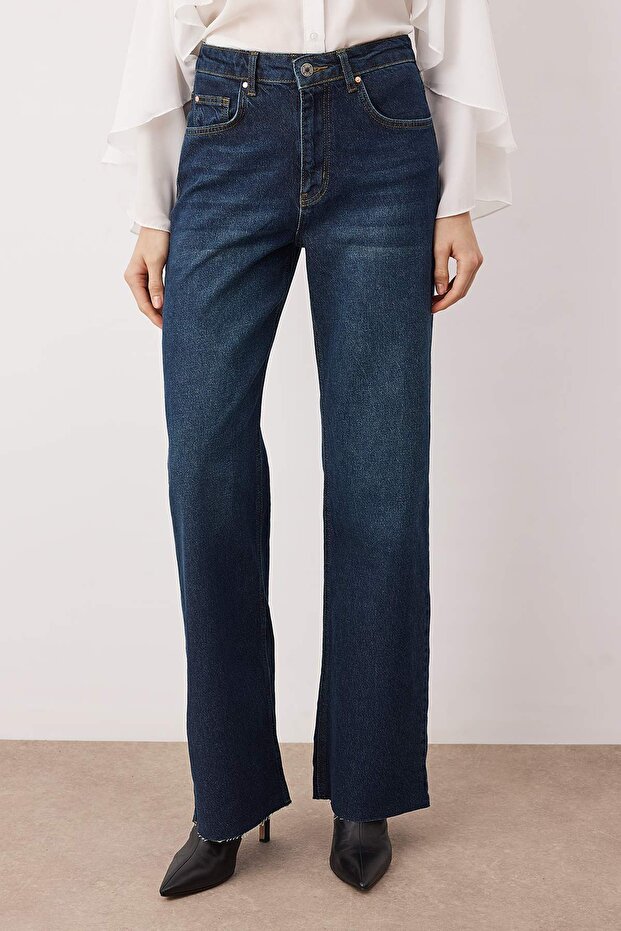 Koyu Mavi Yüksek Bel Comfort Paçası Kesikli Wide Leg Palazzo Jeans TWOAW26JE00081 - 3