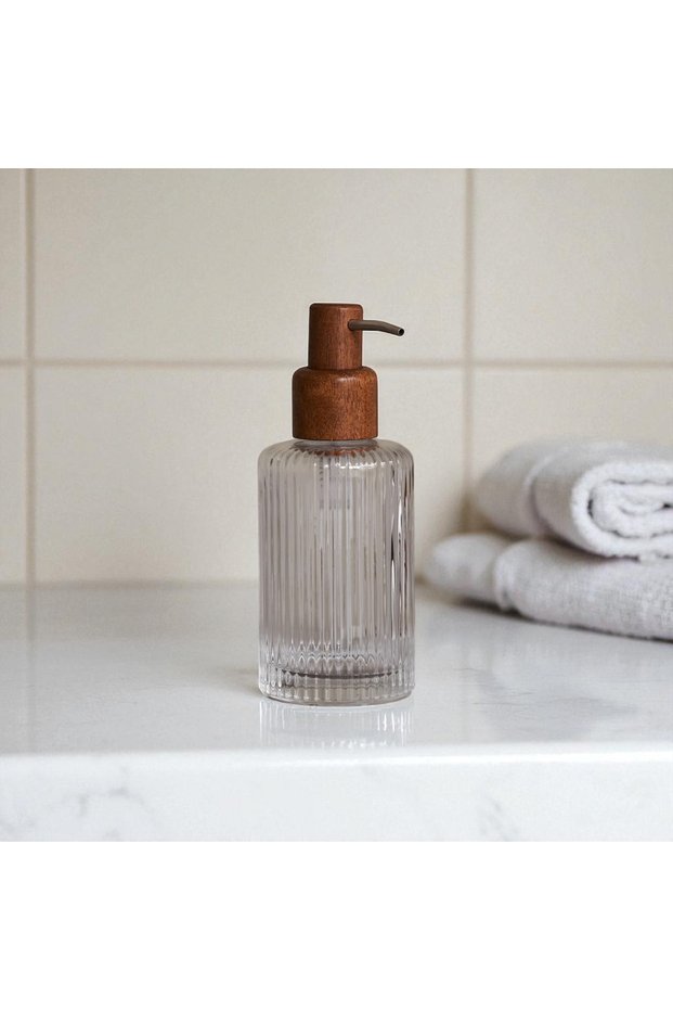 Acacia Pump Striped Liquid Soap Dispenser – Glass Bathroom and Kitchen Dispenser, with Natural Wood Lid