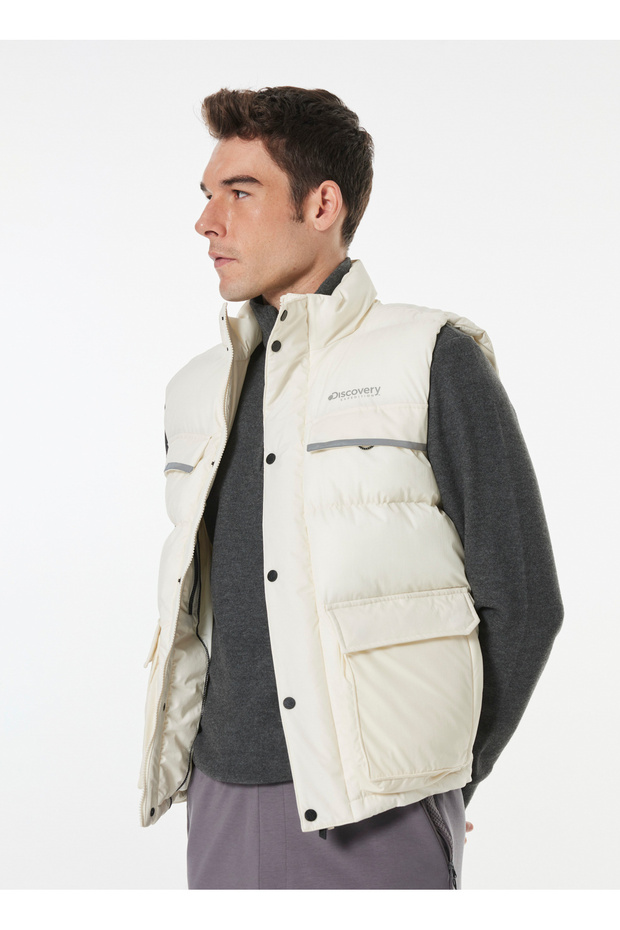 D4WM-YLK3243 Krem Erkek Dik Yaka Relaxed Puffer Yelek - 2