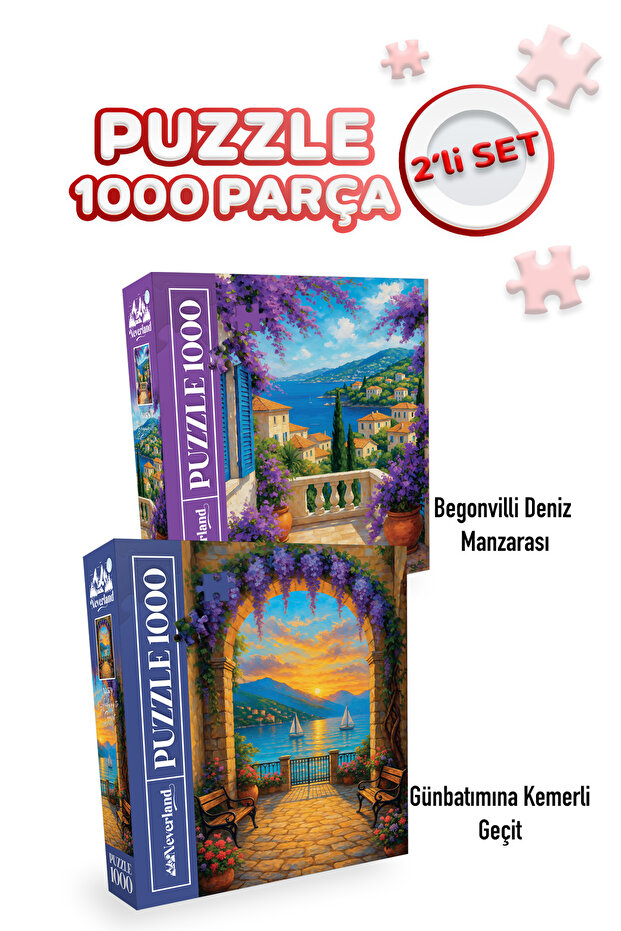 2 Pieces 1000 Piece Puzzle - Begonvillia Sea View and Arched Passage at Sunset