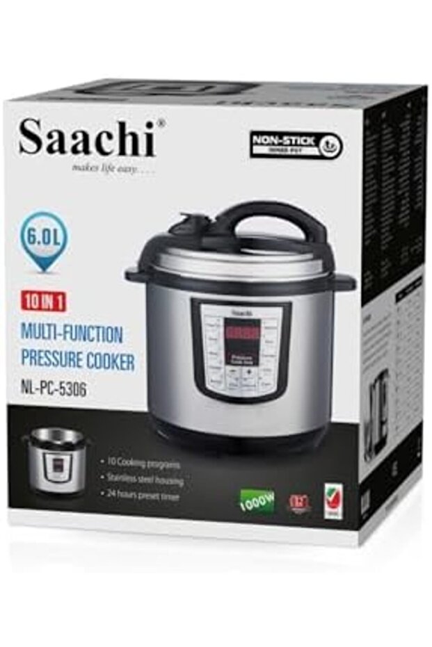 طنجرة ضغط كهربائية سعة 6 لترات NL-PC-5306-BK – 1000 واط، طنجرة ذكية متعددة الوظائف، لون أسود