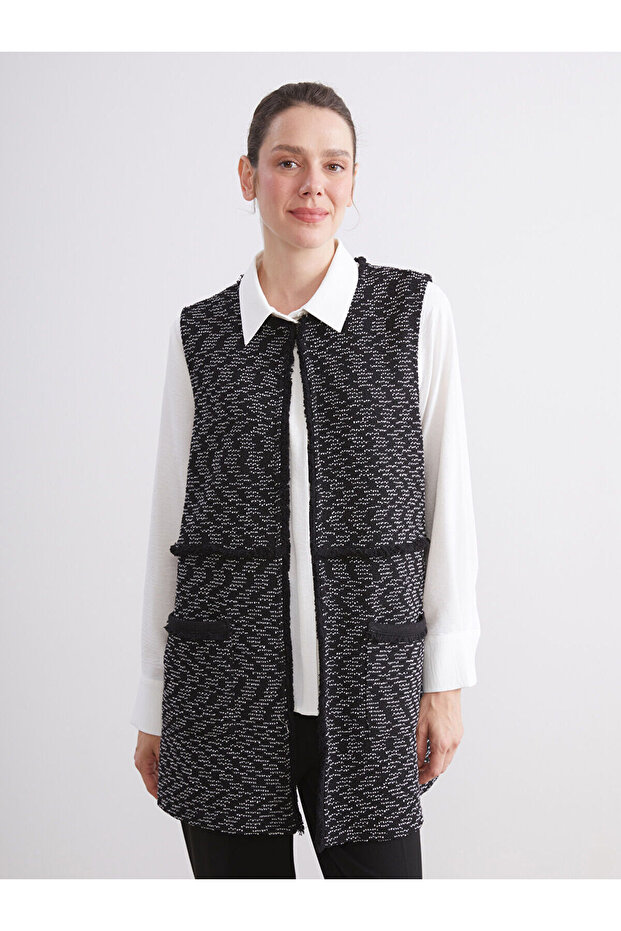 Black Crew Neck Patterned Women's Vest