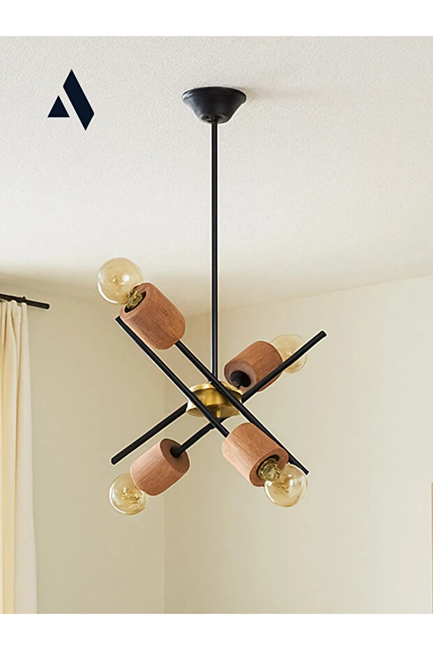 Astrex Rustik Salon Avizesi – 4 Başlıklı, Ahşap Detaylı Endüstriyel Lamba - 1