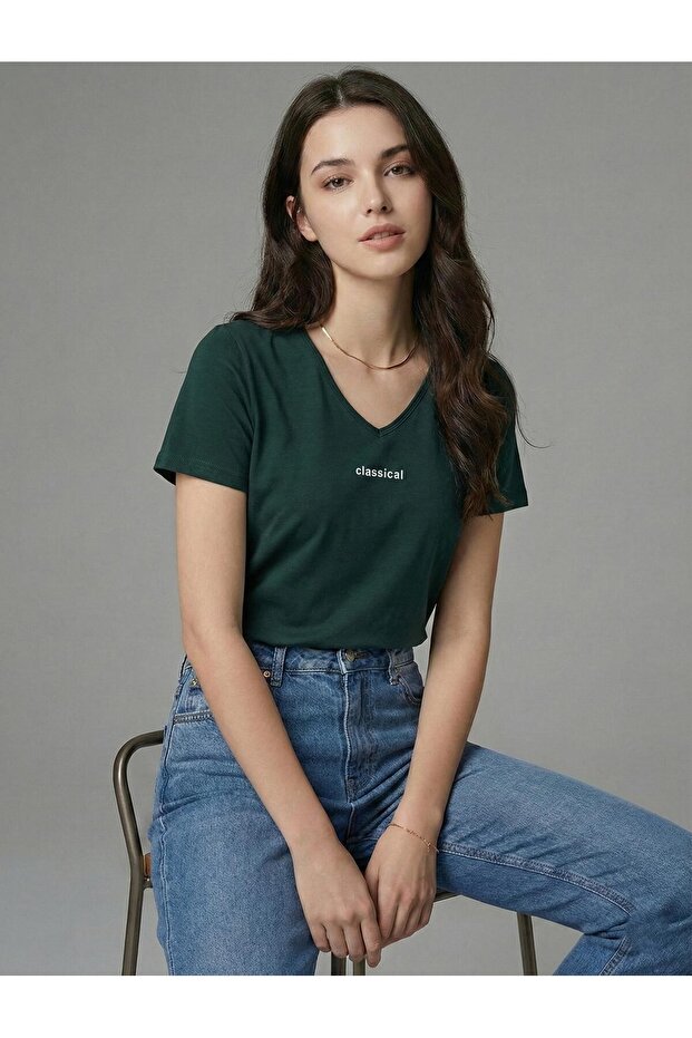 Women's V-Neck Classical Printed Regular Fit T-Shirt