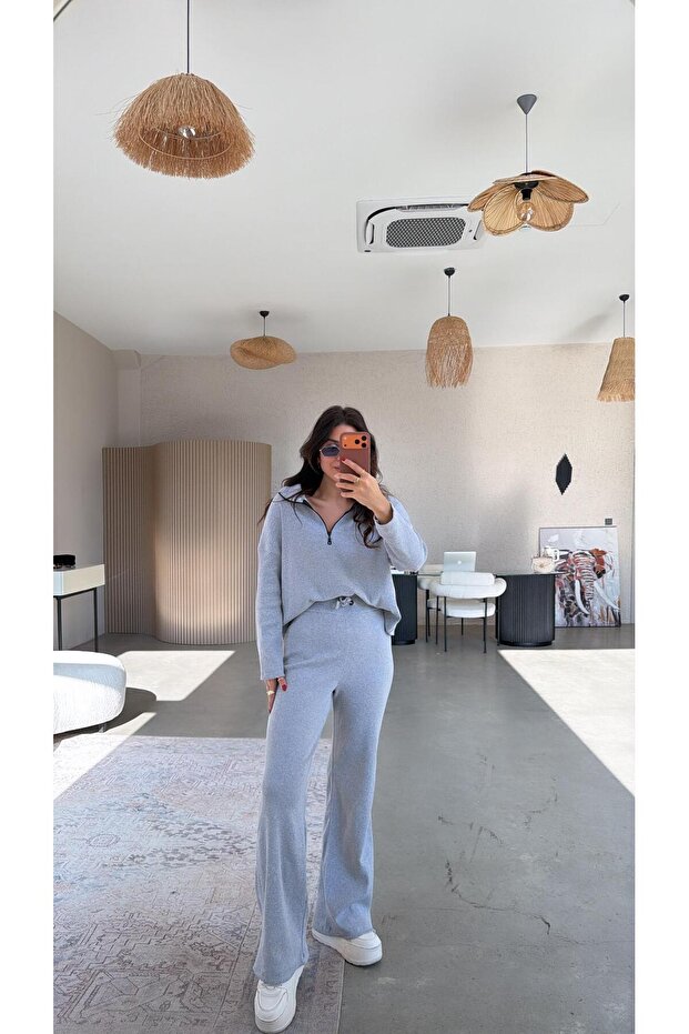 Light Gray Half Zipper Corded Fabric Basic Set - 3