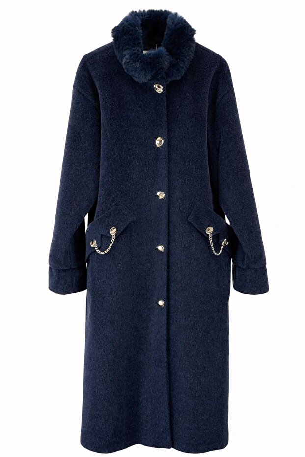 Pocket Chain Collar Fur Long Coat