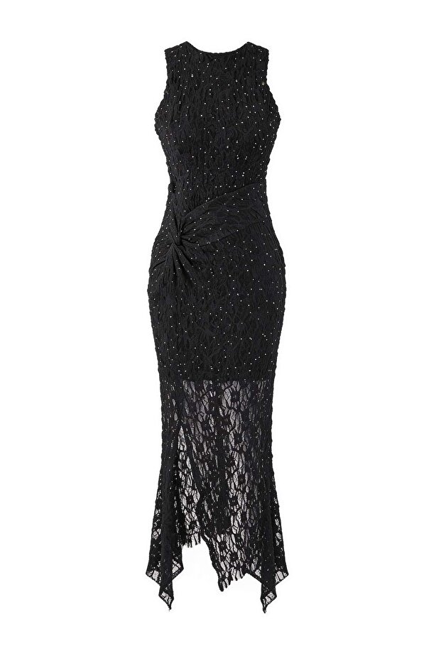 Siyah Taş Baskılı Tül Maxi Astarlı Party Elbise TPRAW26EL00133 - 1