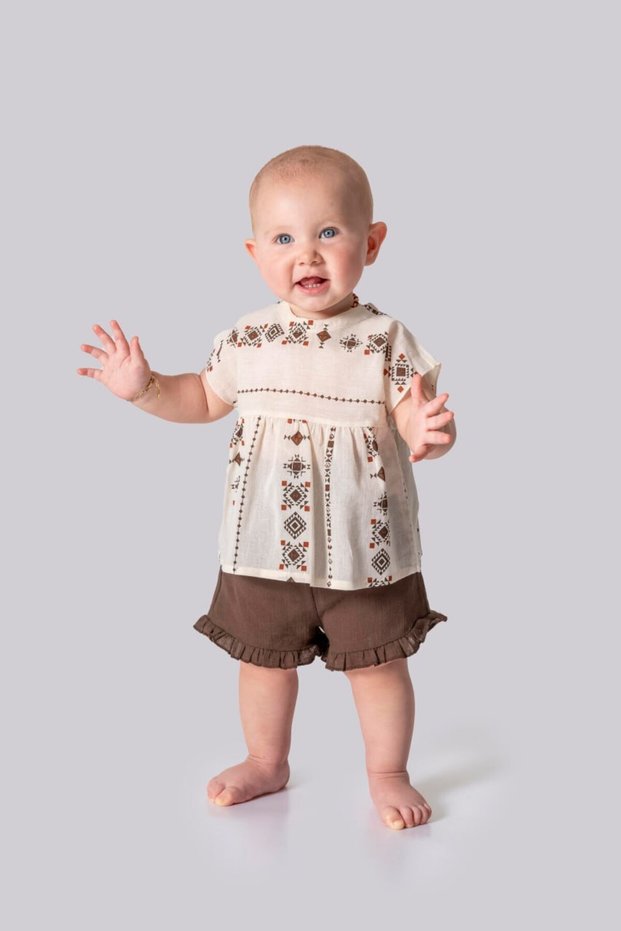 Baby Girl Summer Şile Diaper Set – Ruffle Detailed Shorts, Short Sleeve Cotton Top Children's Set