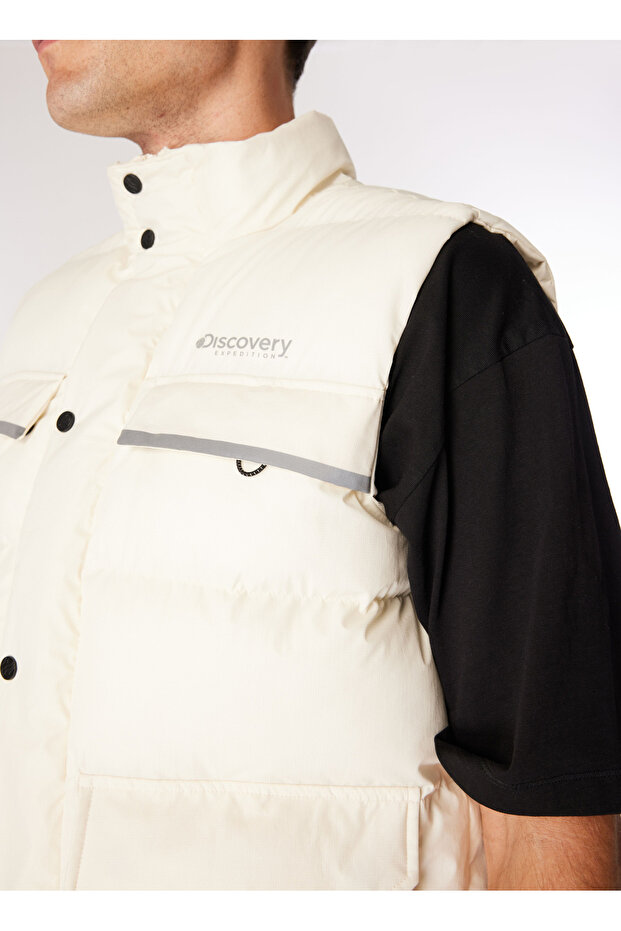 D4WM-YLK3243 Krem Erkek Dik Yaka Relaxed Puffer Yelek - 4
