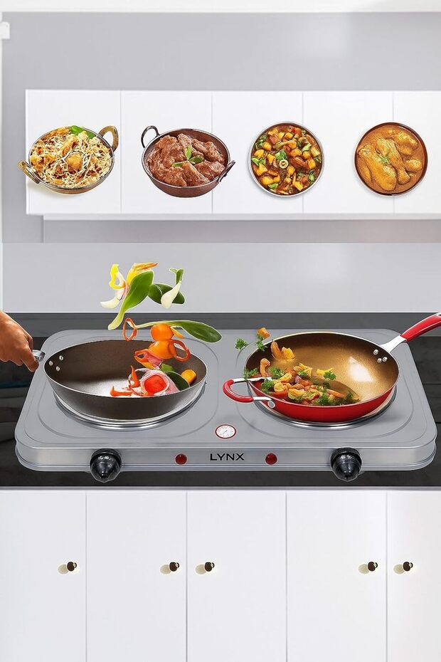LY-HP-6015 موقد مزدوج 2000 واط - شعلات من الحديد الزهر، تحكم في درجة الحرارة على 5 مراحل، تصميم سهل التنظيف