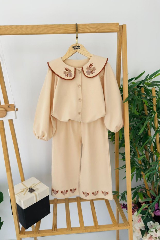 My Little One's Long Shirt Set with Collar Embroidery Detail - Beige