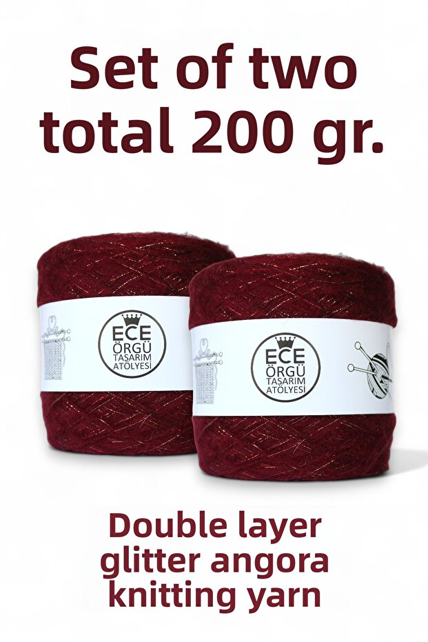 Double Ply Burgundy Angora Mixed with Copper Glitter Knitting Yarn (200 Gr.)