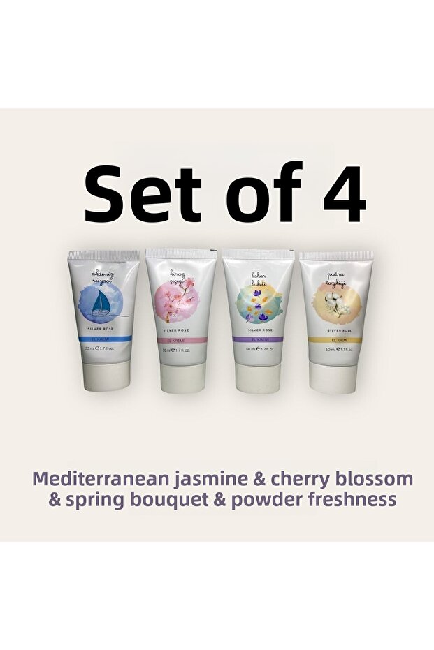 4-Piece Hand Cream Set with Shea Butter Powder: Freshness & Spring Bouquet & Cherry Blossom & Mediterranean Dream