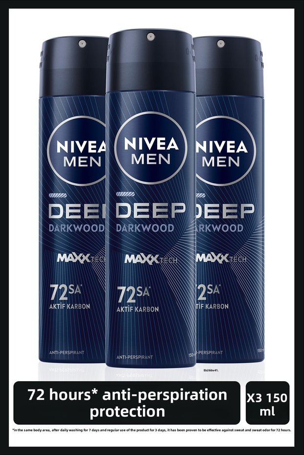 Men Deep Antiperspirant Spray with Active Charcoal, 48h, 150 ml X3