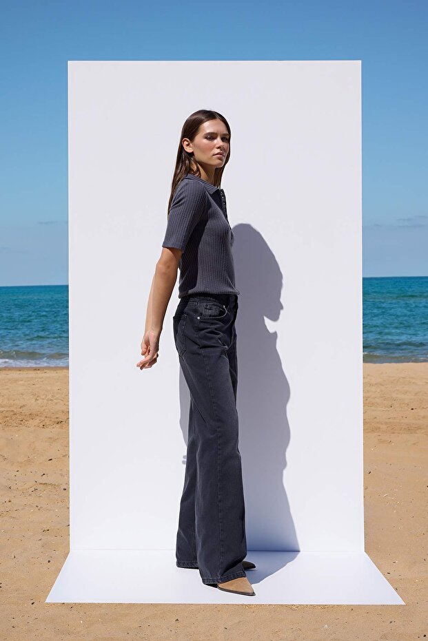 More Sustainable Siyah Rejeneratif Pamuk Normal Bel Wide Leg Jeans TWOAW26JE00219 - 2