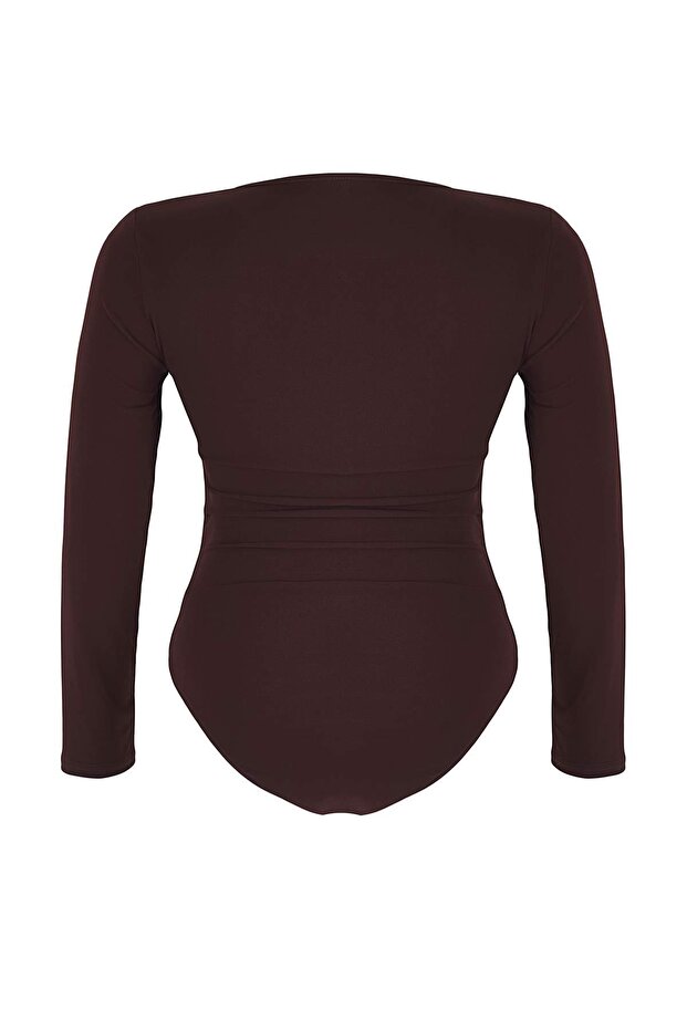 Kahverengi Alttan Çıtçıtlı Örme Büyük Beden Body TBBAW26CS00004 - 7