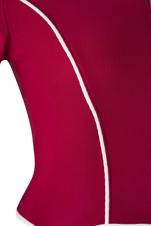 Bordo Teen Kontrast Biye Detaylı Fitted/Vücuda Oturan Fermuarlı Yaka Esnek Örme Bluz TBBAW26AF00041 - 7