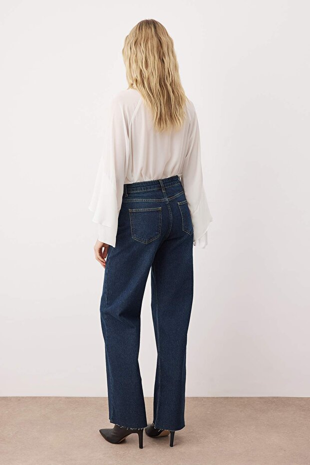 Koyu Mavi Yüksek Bel Comfort Paçası Kesikli Wide Leg Palazzo Jeans TWOAW26JE00081 - 4