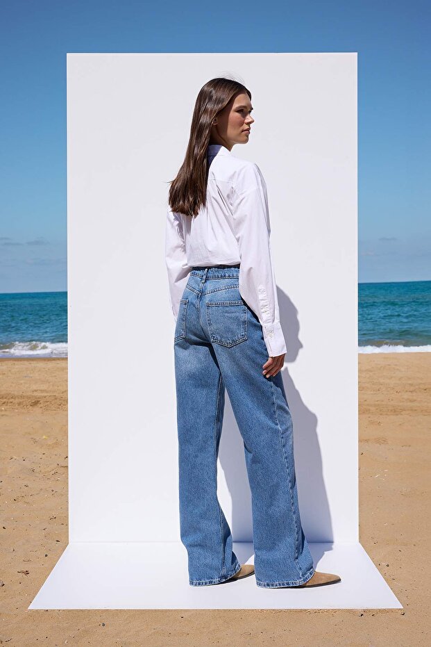 More Sustainable Mavi Rejeneratif Pamuk Normal Bel Wide Leg Geniş Paça Jeans TWOAW26JE00225 - 4