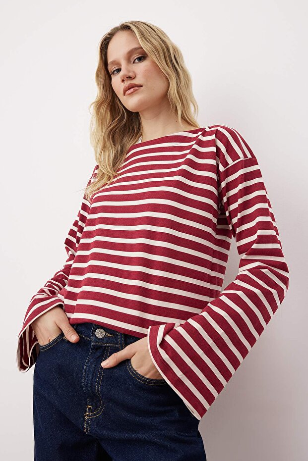 Bordo Kalın Pamuklu Çizgili Regular/Normal Kalıp ÖrmeT-Shirt TWOAW26TS00001 - 1