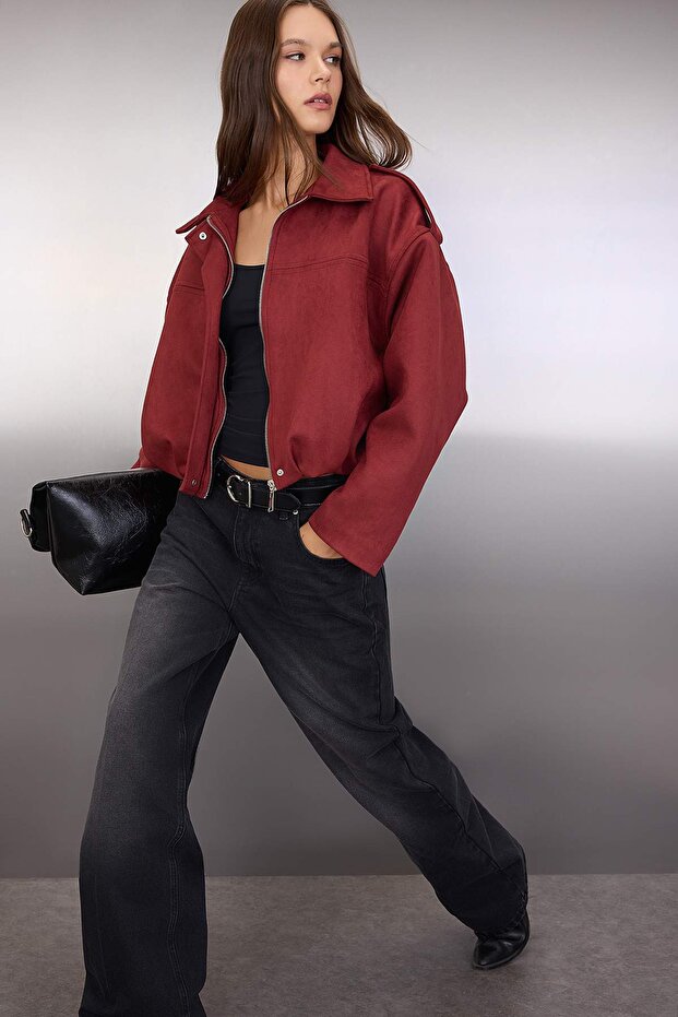 Bordo Oversize Kalıp Süet Bomber İnce Ceket Mont TWOAW26MO00125 - 2