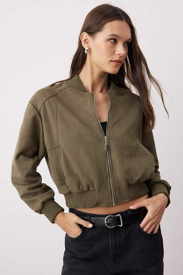Haki Regular Kalıp Süet Bomber Ceket Mont TWOAW26CE00077 - 1