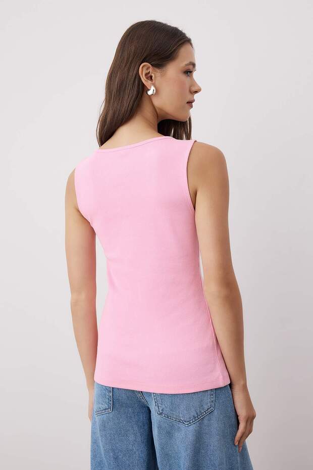 Pembe Düğmeli Asimetrik Fitted/Vücuda Oturan Fitilli Esnek Örme Bluz TWOSS25BZ00394 - 4