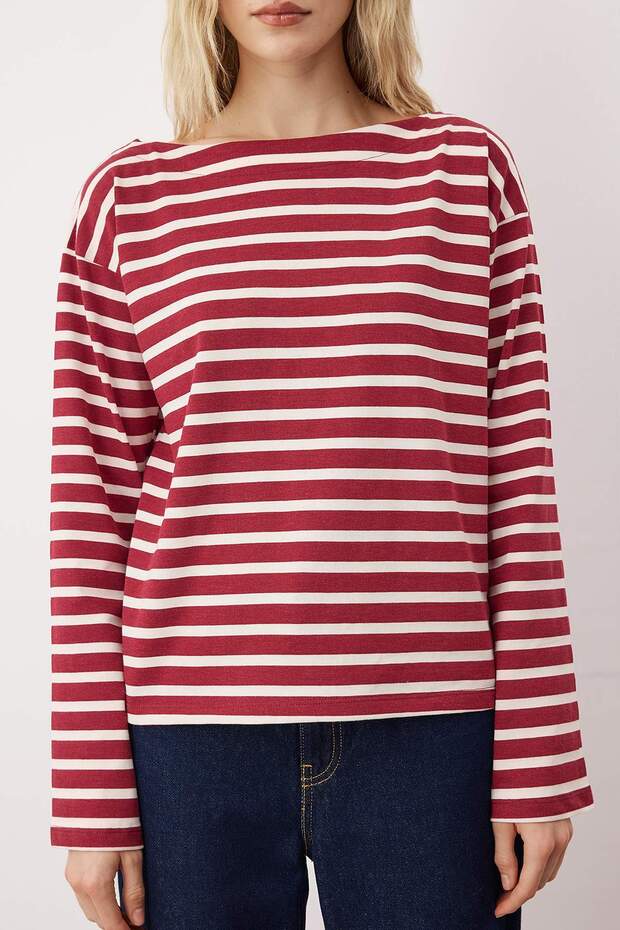 Bordo Kalın Pamuklu Çizgili Regular/Normal Kalıp ÖrmeT-Shirt TWOAW26TS00001 - 3