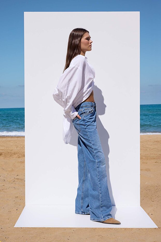 More Sustainable Mavi Rejeneratif Pamuk Normal Bel Wide Leg Geniş Paça Jeans TWOAW26JE00225 - 2