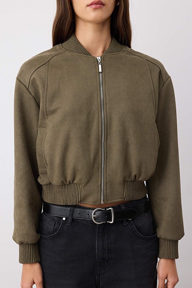 Haki Regular Kalıp Süet Bomber Ceket Mont TWOAW26CE00077 - 3