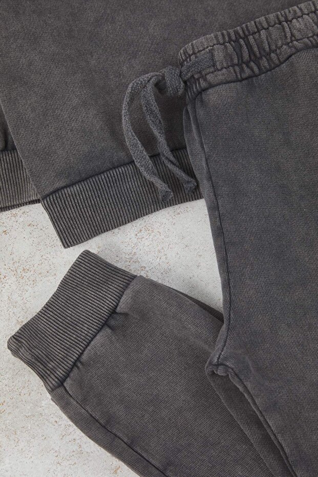 Antrasit Pamuklu Soluk Efektli Basic Oversize Örme Erkek Çocuk Alt - Üst Takım TKDAW26AU00060 - 3