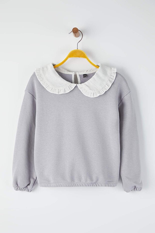 Gri Kız Çocuk Pamuklu Düz Bebe Yaka Regular Örme Sweatshirt TKDAW26SW00048 - 2